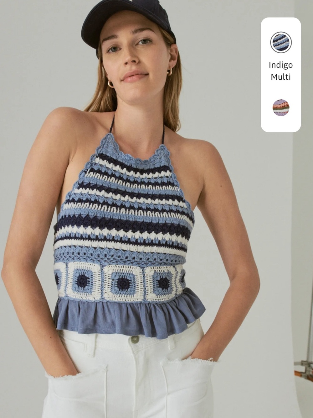 NWT Lucky Brand Indigo Multi Crochet Halter Crop Top L & XL